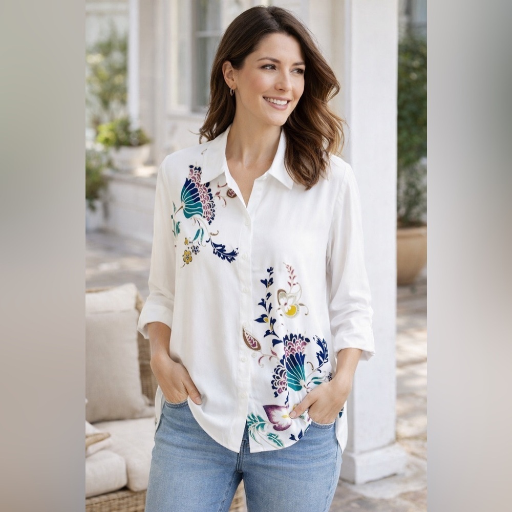 Chico’s White Whimsy Button Up Blouse 3/4 Sleeve Lightweight Sz 3 (XL) NWT